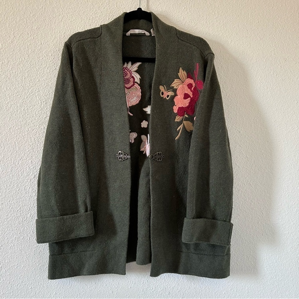 Soft Surroundings Women’s Floral Embroidered Knit Cardigan Large Green Artsy